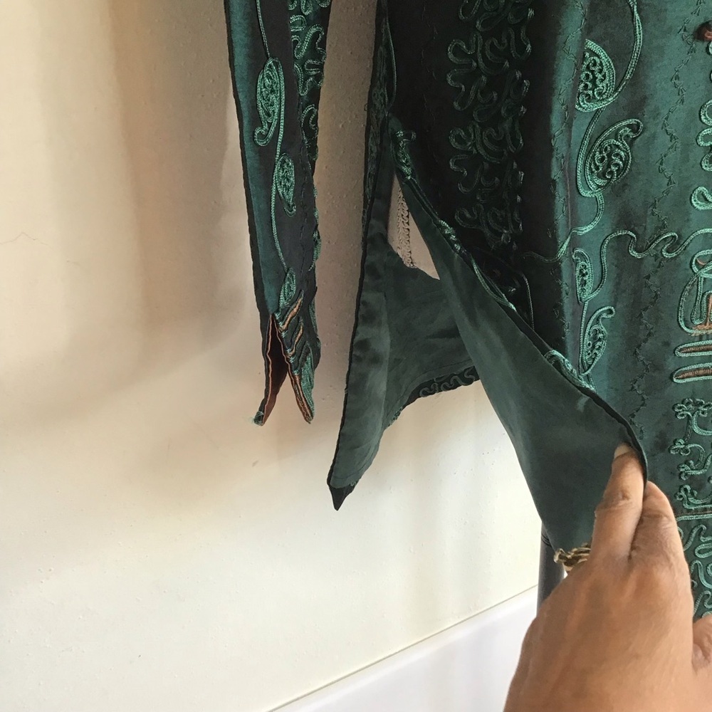 MINIYE ASIAN WOMEN ELEGANT TEAL GREEN EMBROIDERED FLORAL DESIGN SILK COAT SZ XL - Picture 4 of 10
